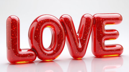 Glossy red glass letters spelling LOVE with golden sparkles on a white reflective background, symbolizing romance and passion. Valentine's day, wedding concept.の素材