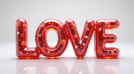 Glossy red LOVE text with bubble-like details, glowing effect, white background. Concept of love, romance, and celebration. Valentine's day, wedding concept.の素材