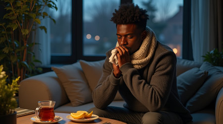 A man wearing a scarf sitting on a couch with a cup of tea and lemon slices on a table, in a cozy room with warm evening lighting. Common cold conceptの素材