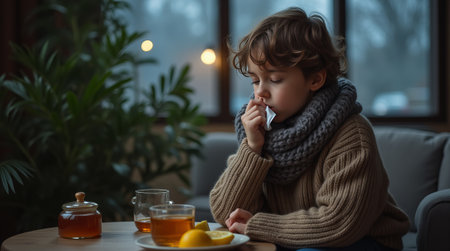 A young child dressed in a knitted scarf and sweater, sipping tea with lemons, sitting indoors on a cloudy evening. Concept of recovery. Common cold conceptの素材
