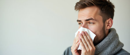 Man holding a tissue to his nose, wearing a gray scarf, appearing unwell, on a plain light background. Concept of illness or allergy. Common cold concept. Copy space.の素材