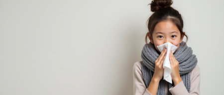 A young girl sneezing into a tissue, dressed warmly in a scarf, on a plain light background, portraying cold and flu prevention. Common cold concept. Copy space.の素材