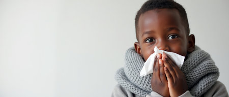 A young child holds a tissue to their nose, dressed warmly in a scarf, against a soft neutral background. Concept of cold and flu season. Common cold concept. Copy space.の素材