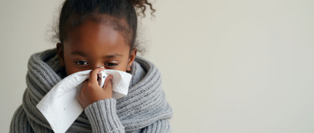 A child wrapped in a grey scarf blowing their nose with a tissue, on a plain soft background. Concept of health, cold, flu, or allergies. Common cold concept. Copy space.の素材