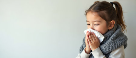 A young girl sneezing into a tissue, dressed in a cozy scarf, against a light background, representing cold and flu care. Copy space.の素材