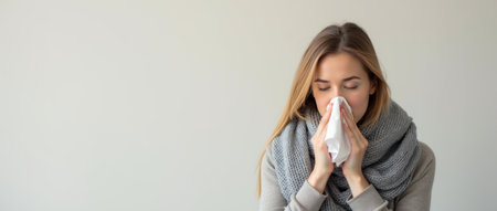 A woman sneezing into a tissue while wearing a gray scarf and light sweater, on a neutral background. Concept of cold or flu symptoms. Copy space.の素材