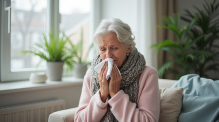 Elderly woman wrapped in a scarf indoors, holding a tissue near her nose. Soft natural light. Concept of seasonal illnessの素材