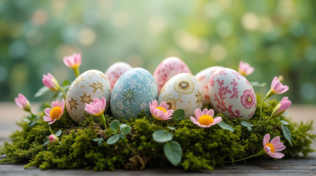 Hand-decorated Easter eggs with floral patterns nestled on moss, surrounded by pink daisies, set outdoors. Sustainable, zero waste Easter decor. DIY gifts for Easterの素材