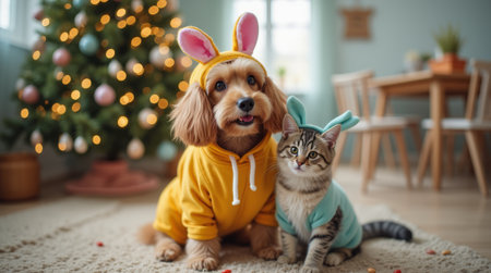 Adorable dog and cat dressed in bunny-themed costumes sitting near a decorated Christmas tree in a cozy home interiorの素材