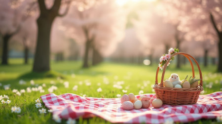 Easter basket with chick and eggs on red checkered blanket, set in a sunny spring park with blooming cherry trees and grassの素材