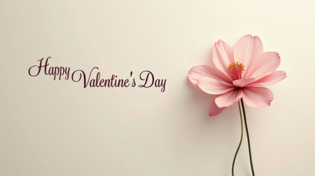 Elegant pink flower with Happy Valentine's Day text on a soft light background, emphasizing love and romanceの素材