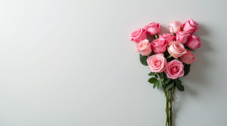 A delicate bouquet of pink roses with green leaves, arranged on a clean white background, symbolizing love and elegance. Copy spaceの素材