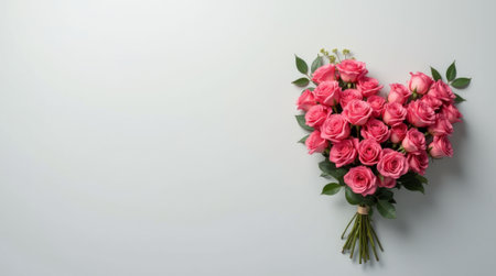 Heart-shaped arrangement of vibrant pink roses with green leaves on a soft light background. Concept of love and romance. Copy spaceの素材