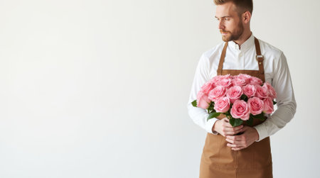 Florist wearing a brown apron holding a bouquet of pink roses, standing against a light background, representing floral business. Flower delivery concept. Copy spaceの素材