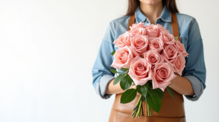 Close-up of a woman holding a bouquet of pink roses, dressed in denim and apron, on a light background, concept of floristry. Flower delivery concept. Copy spaceの素材