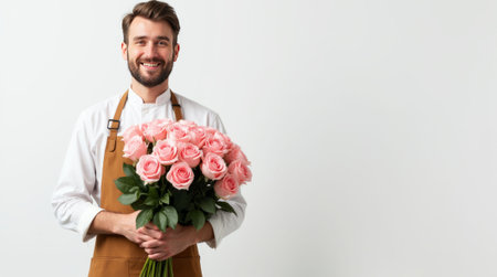 A cheerful florist in a brown apron holding a bouquet of pink roses, standing against a plain background. Concept of floral design. Flower delivery concept. Copy spaceの素材