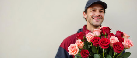 Cheerful deliveryman in casual attire holding a colorful bouquet of red and pink roses. Valentine's Day. International Women's Day. Mother's Day. Flower delivery concept. Copy spaceの素材