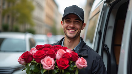 Smiling man holding a bouquet of red and pink roses near a delivery van on a city street, representing romance and special deliveries. Valentine's Day Flower Delivery Conceptの素材