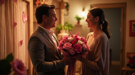 Smiling couple sharing a bouquet of roses in warm, cozy lighting, surrounded by heart decorations. Concept of love and romanceの素材