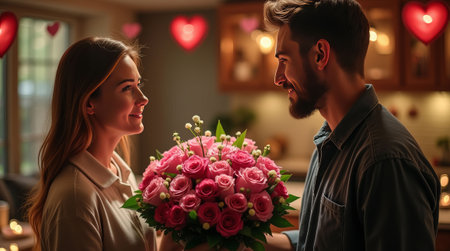 A couple sharing a romantic moment, man gifting roses to woman, warm indoor background, heart-shaped decorations, love conceptの素材