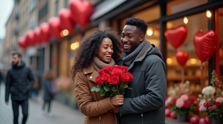 Couple holding red roses, smiling affectionately on a romantic street with heart-shaped balloons and flowers. Valentine's day conceptの素材