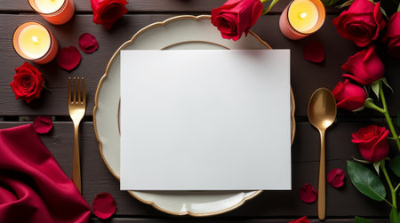Elegant table setting with blank card on a plate, roses, candles, and golden utensils on a wooden surface. Copy spaceの素材