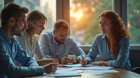 Group of professionals working together on documents in an office, with warm sunlight streaming through large windows. Concept of teamwork and gender equalityの素材