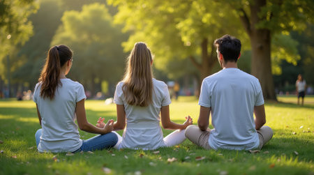 Three individuals meditating on grass in a lush park with sunlight filtering through trees, promoting mindfulness and relaxationの素材