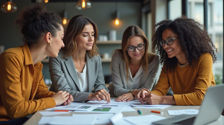 Group of women engaged in discussion at a desk, modern office interior, teamwork concept, sharing ideas, friendly atmosphereの素材