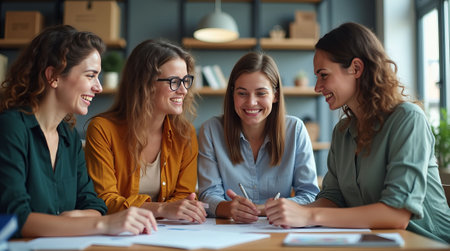 Four women engaged in a collaborative discussion, smiling and working on documents in a modern office setting, teamwork conceptの素材