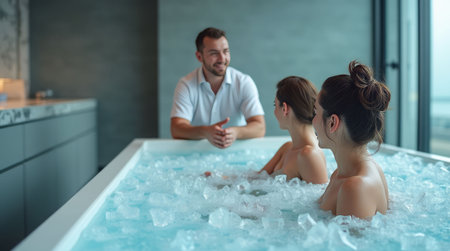 Two women sit in an ice bath while talking to an instructor in a modern, dimly-lit spa setting. Concept of wellness therapy. Ice bath pod conceptの素材