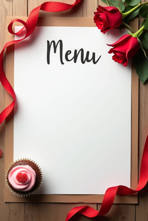 Empty menu template with red roses, ribbon, and cupcake on a wooden table. Menu template, mockup for Valentine's Day for copy spaceの素材