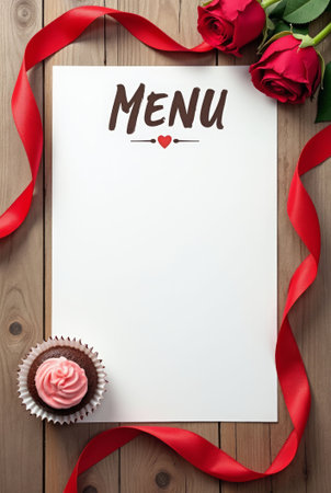 Blank menu template with roses, a cupcake, and a red ribbon on a wooden surface. Perfect for romantic or Valentine-themed menusの素材