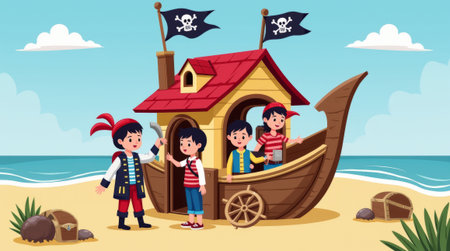 Group of children in pirate costumes playing on a wooden pirate ship near the beach, with treasure chests and flags, in cartoon style. Concept of playhouseの素材