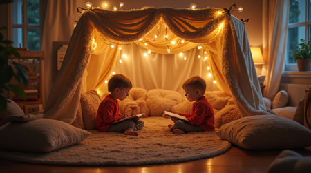 Two children reading books in a cozy indoor blanket fort illuminated by warm string lights, creating a relaxing and dreamy atmosphere. Concept of playhouseの素材