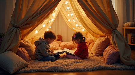 Two children reading books under a cozy tent illuminated by string lights, surrounded by pillows, in a warm and serene indoor settingの素材