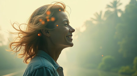 Smiling woman with flowing hair in soft sunlight, glowing particles, blurred greenery background, concept of happiness and tranquility. Mental health, meditation concept.の素材