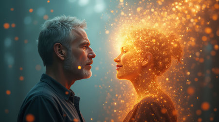 A man and a woman facing each other, glowing orange particles radiating from the woman, on a blurred teal background, symbolizing connection. Mental health concept.の素材