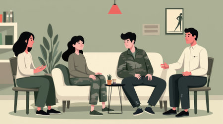 Four people sitting in a cozy room, discussing in a relaxed atmosphere, with minimalist decor. War veterans support group for managing anxiety or depression. Emotional support.の素材