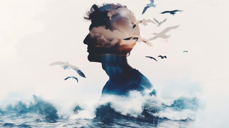 World Mental Health day banner. Silhouette head depressed man. Copy spaceの素材