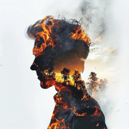 Burnout syndrome concept. Silhouette man experiencing exhaustion, physical and mental fatigue.の素材