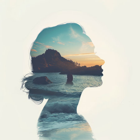 Mental health concept. Silhouette head woman. The sun over the sea.の素材