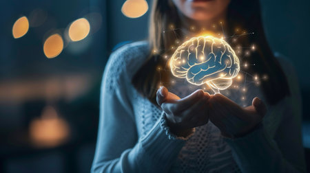 Woman holding a glowing brain hologram with neural connections, standing on a dark blurred background, concept of innovation and knowledgeの素材