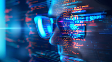 Close-up of a person wearing glasses, reflecting code on a digital screen. Dark background. Concept of programming and cybersecurityの素材