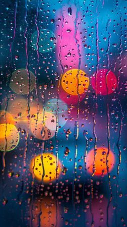 Close-up view of raindrops on a window with colorful bokeh lights in the background. Nighttime cityscape, abstract and serene atmosphereの素材