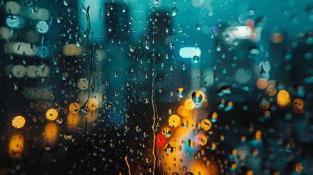 Raindrops on a window with a vibrant, bokeh effect cityscape background at night. Concept of urban life and weatherの素材