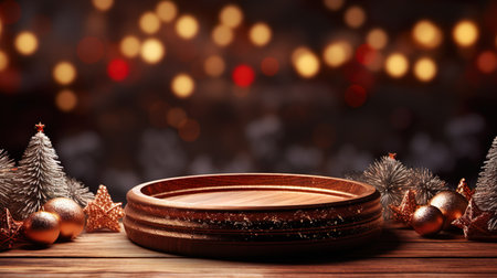 Wooden table with Christmas theme in background.の素材