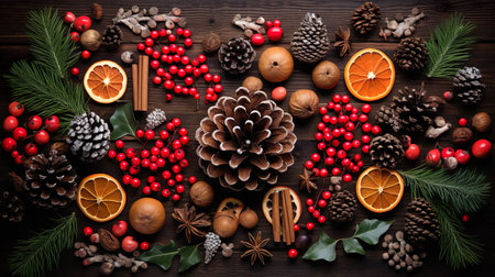 Cones, berries, orange on Christmas background. Template for design,, banner.の素材