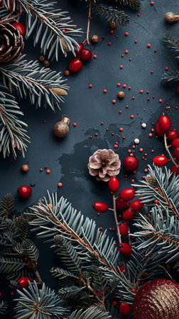 Christmas black background with a bunch of red and green decorations. Copy placeの素材