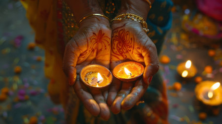 A woman is holding two lit Diya oil lamps in her hands. Diwali, Hindu festival of lights celebration.の素材